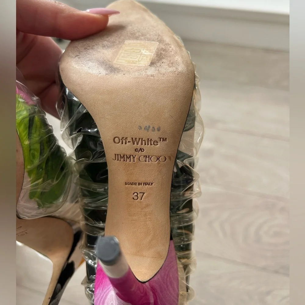 Off-White X Jimmy Choo Pink White Floral Satin Heels Plastic Overlay Size 37 - Picture 8 of 12